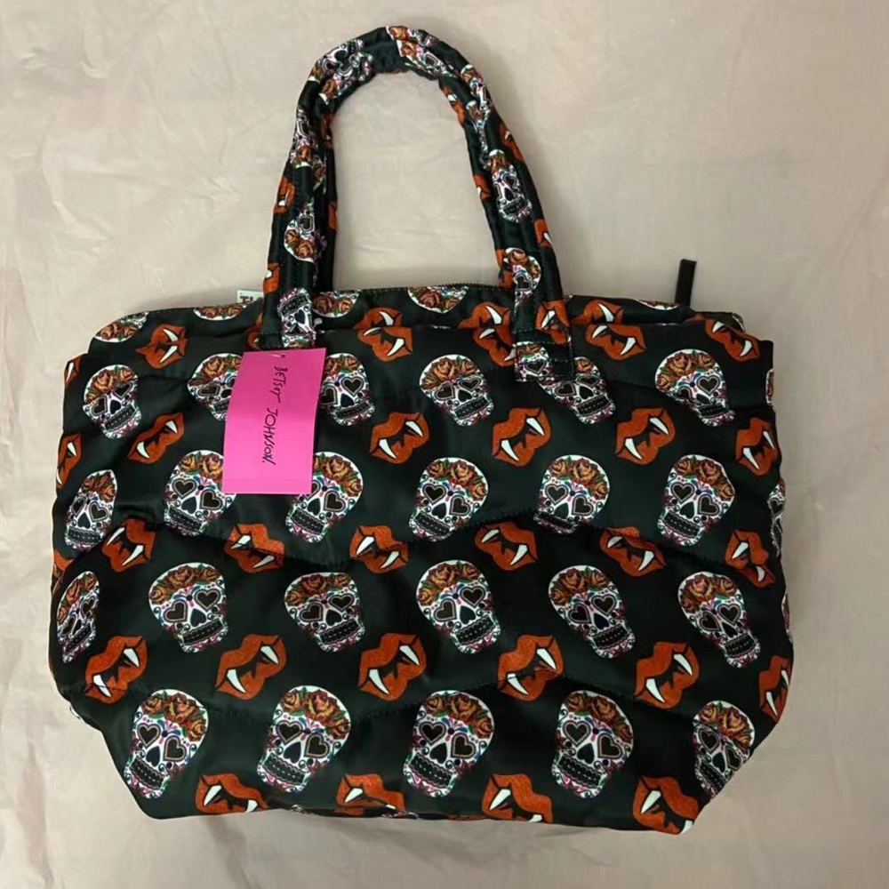 Betsey Johnson Halloween Lips w/ Fangs & Skulls Quilted Puffy Tote Bag